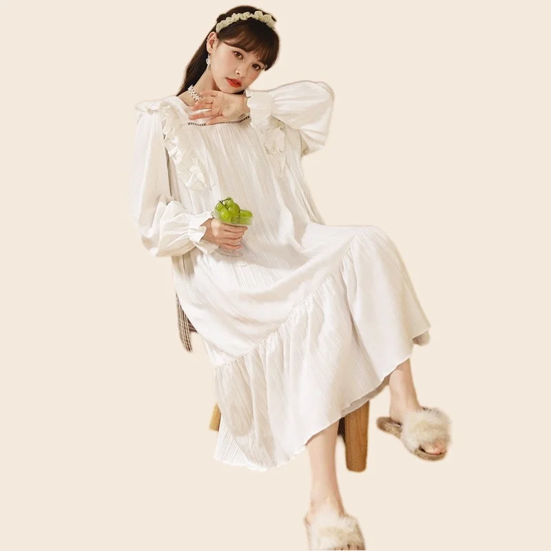 Women's Cute NightDress Women White Elastic Bow Princess Long Palace Autumn Nightdress Women's Cotton Full Sleeve Nightwear