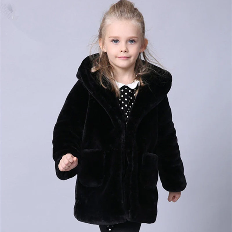 

Girls Fur Coat Jacket Cotton Outwear Overcoat 2022 Black Warm Thicken Plus Velvet Winter Autumn Teenager Fuzzy Children's Clothi