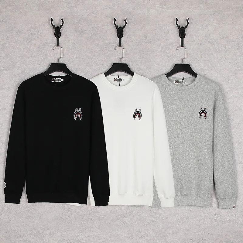 

Bape Pullover Hoodie High Quality 100% Cotton Solid Color Shark Embroidery Men Women Spring Autumn Sweatshirts White Clothes