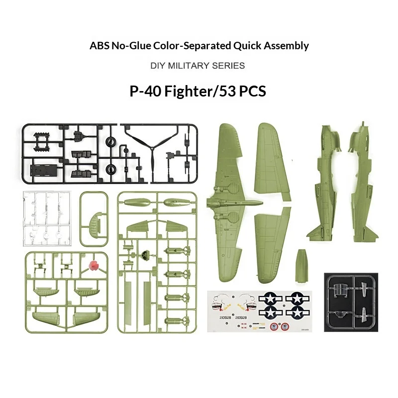 Фото Модель самолета Xixili P40 Fighter WWII Flying Tigers Burma Banshee в масштабе 1:48, без клея, предварительно окрашенная, из АБС-пластика, военная модель, набор для сборки из 53 деталей №2