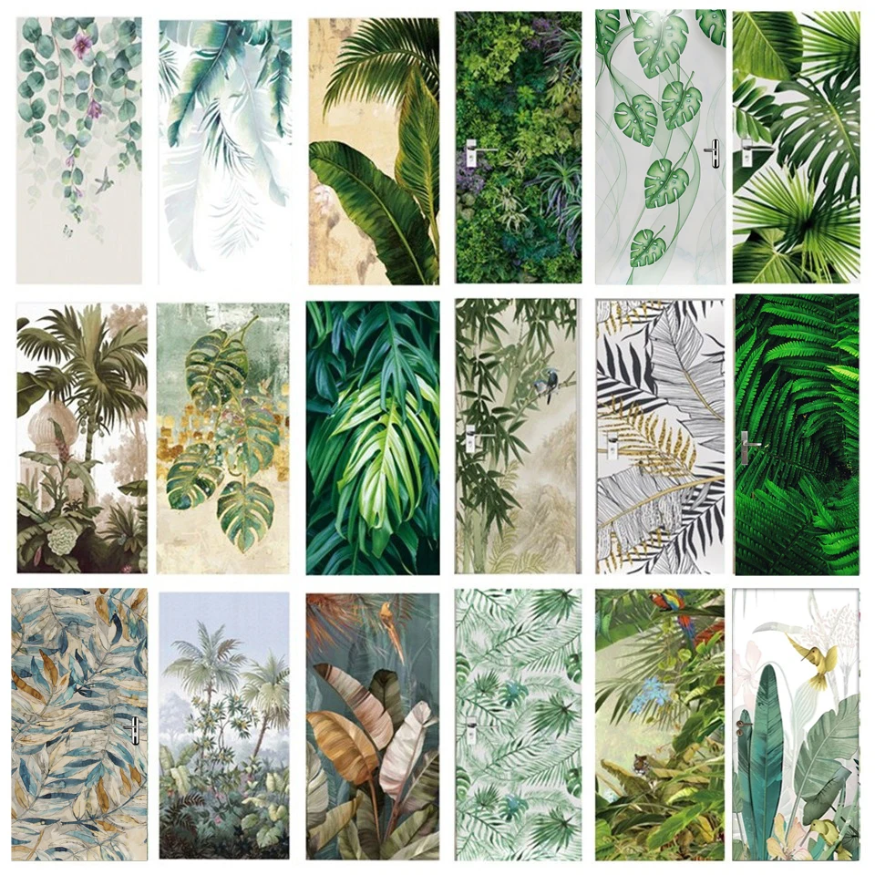 

Custom tropical plant Green Palm Leaf Door Sticker Self-adhesive 3D Wallpaper Entrance Door Cover Poster Mural door wallpaper