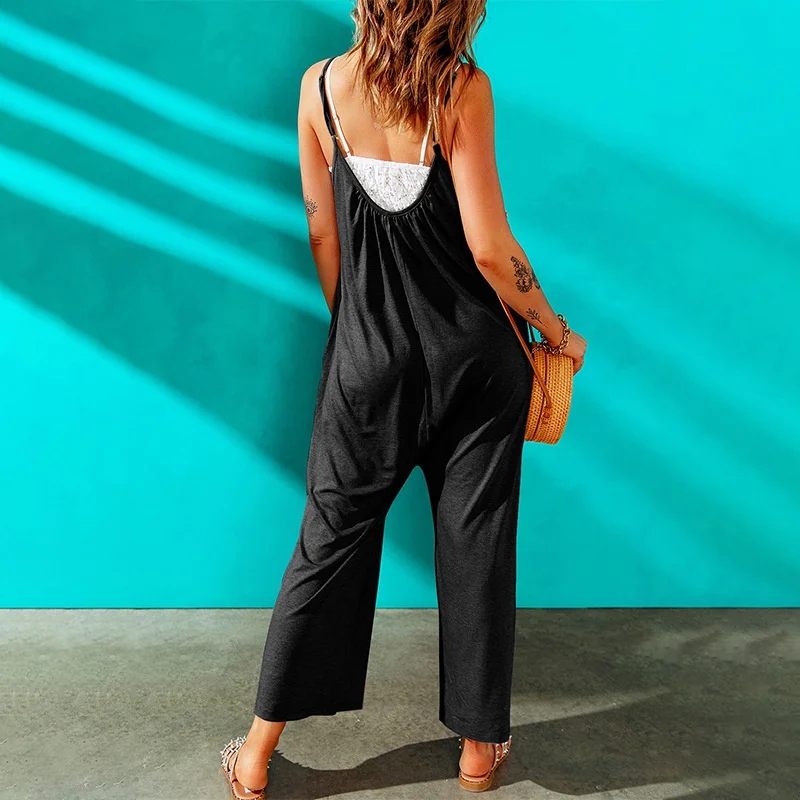

Женский Повседневный Комбинезон на бретелях, свободный однотонный комбинезон с широкими штанинами, Лидер продаж, для лета