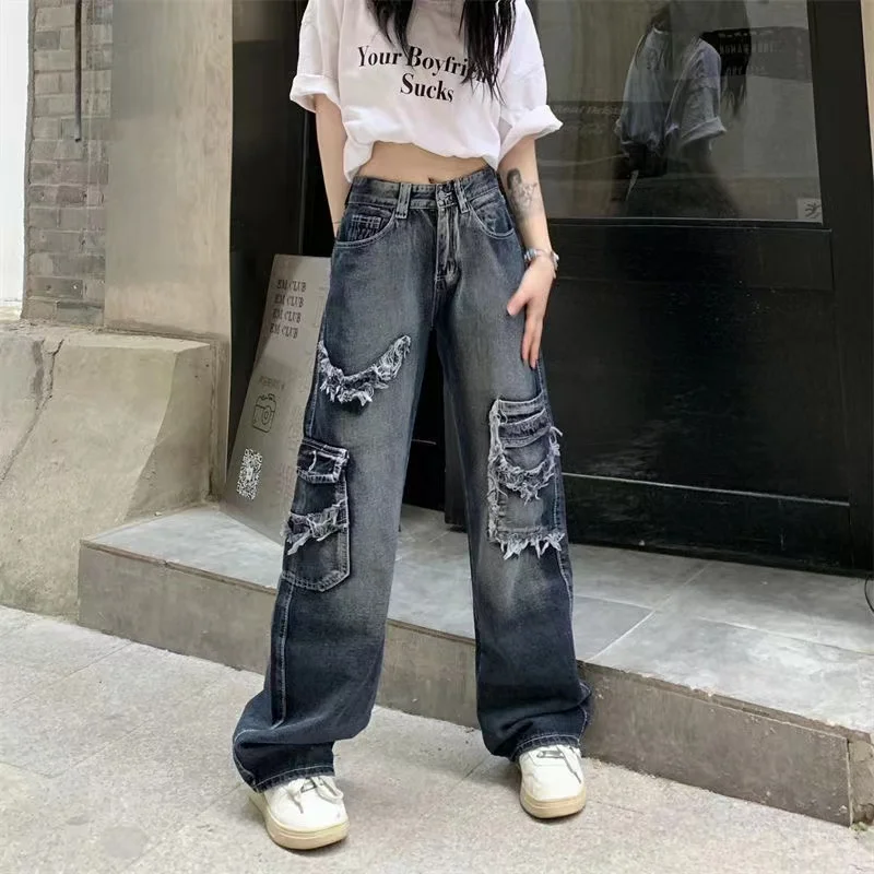 2022 High Waisted Vintage Y2K Streetwear Baggy Cargo Jeans Straight Wide Leg Pants Denim Trousers Fairy Grunge Clothes Women