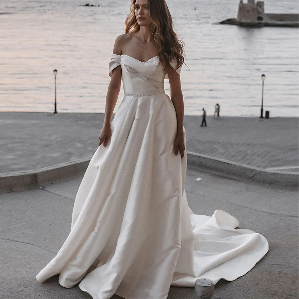 

Simple Wedding Gowns For Women 2022 Boat Neck Off The Shoulder Lace-up Wedding Dress Satin Sequined Court Train Vestido De Noiva