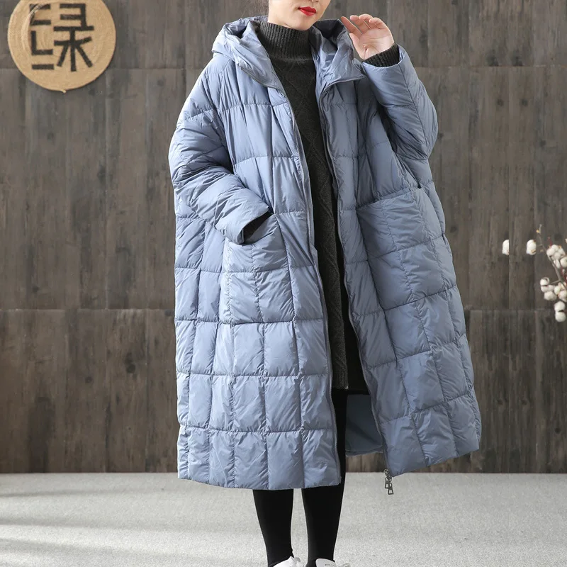 Korean Version Loose Down Coats  Women 2021 Winter New Long  Warm Thick Hooded Plaid Big Pocket Winter Jacket