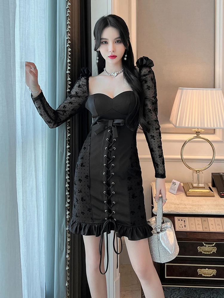 

Spring Mini Dress Fashion Sexy Elegant Black Satin Lace Sheer Puff Sleeve Bandage Bow Women's Clothing Party Street Club Vestido