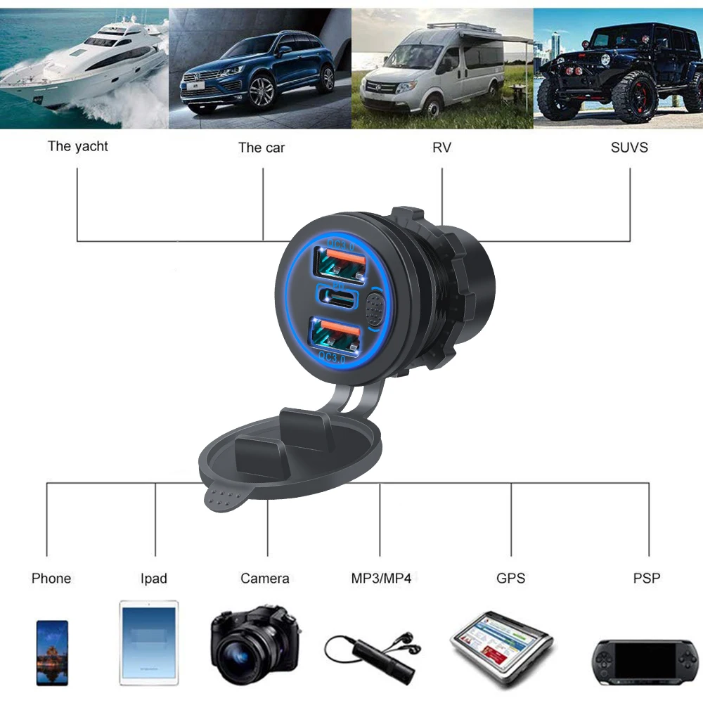 Автомобильное водонепроницаемое зарядное устройство 100 Вт два выхода QC 3 0 USB и PD