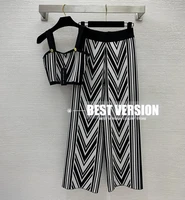 best version branded geometric jacquard sexy tube copped tops high waist sexy flare pants knit two piece set outfits for women
