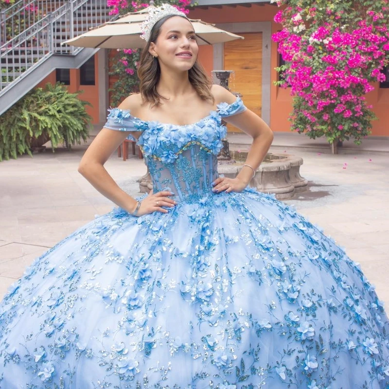 Небесно-голубое блестящее платье Quinceanera с открытыми плечами и блестками
