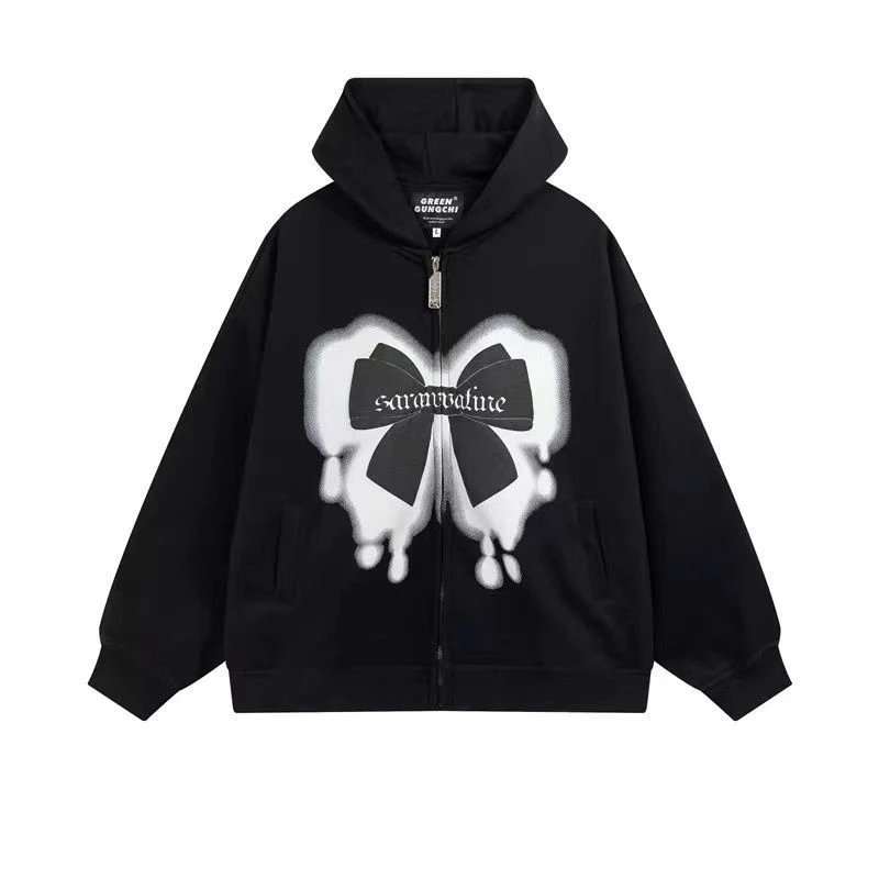 Kawaii Harajuku Women's Hoodie 3D Foam Bowknot Print Long Sleeve Zipper Jacket Kpop Casual Versatile Couple Sweatshirt Hoodie