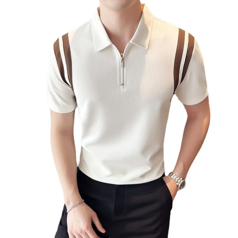 Лето 2023 мужская рубашка поло на молнии модные в полоску с принтом уличная одежда