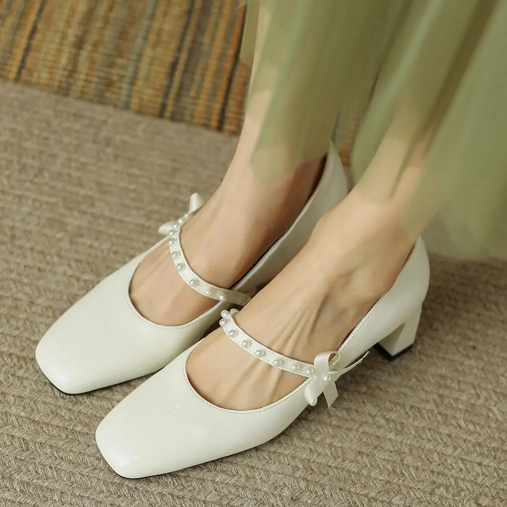 Eokkar Pearl Mary Janes Square Toe Pumps 2022 Fashion Mid Chunky Heel Pumps Shoes for Women Patent Leather Pumps Elegant Shoes