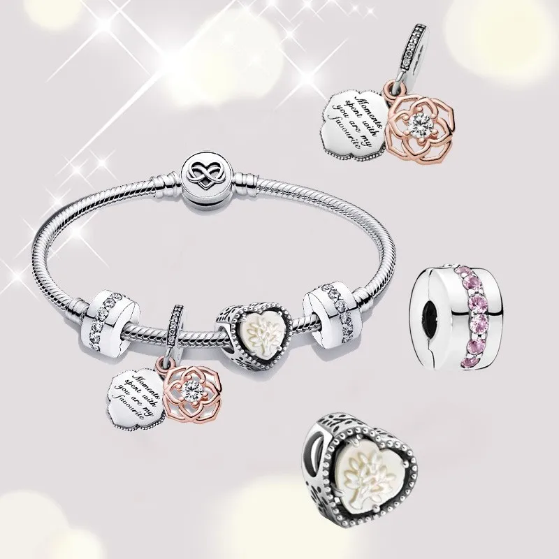 

2021 New High-quality Mother's Day Series 100% 925 Silver Heart-shaped Bracelet Set, Romantic Girl Diy Charm Jewelry