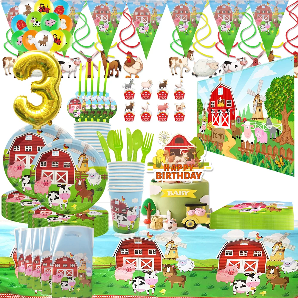 Farm Animals Cow Chicken Suit Birthday Party Number Balloon 1 2 3 Decor Cutlery Set Cups Plates Baby Shower Gifts Party Supplies