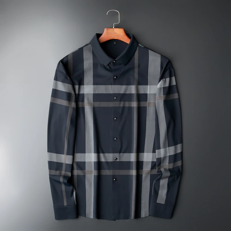 

SHAN BAO Autumn Brand Luxury Plus Size Clothing Men's Business Casual Loose Stretch Plaid Long Sleeve Shirt Elegant Simple Shirt