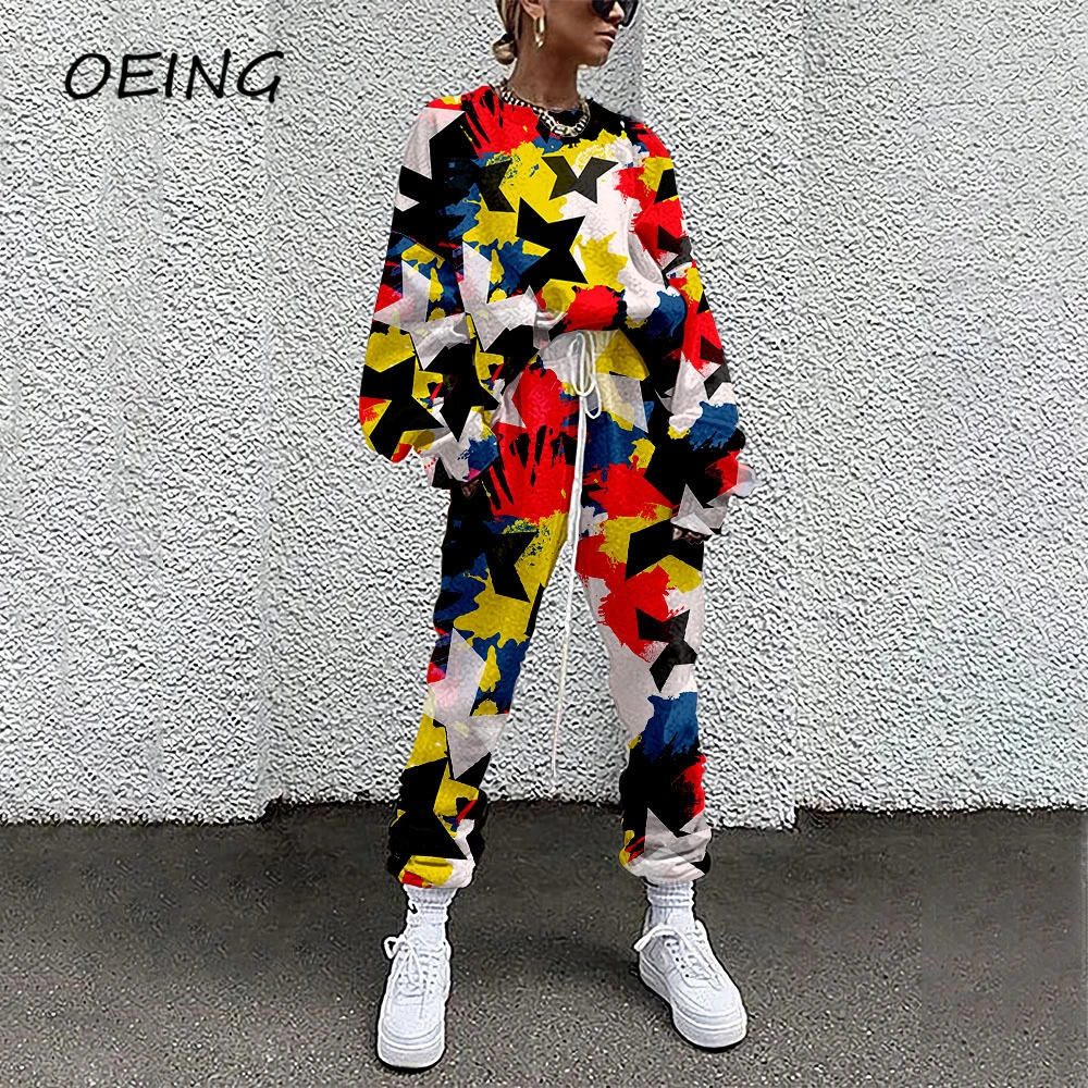 

Повседневные спортивные костюмы, женские комплекты из 2 предметов с принтом, корейская мода, свободные костюмы из полиэстера