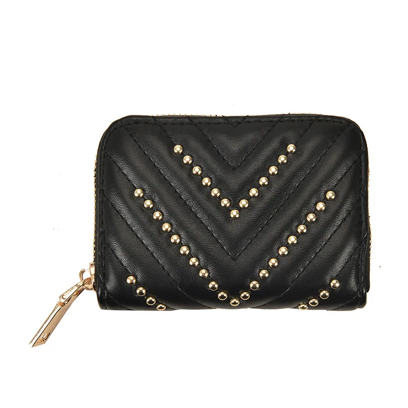 

Women V-Quilted Solid Studded ID Credit Card Holder Full Zipper Closure Short Purse Wallet Rivet Purse Organizer Card Bag