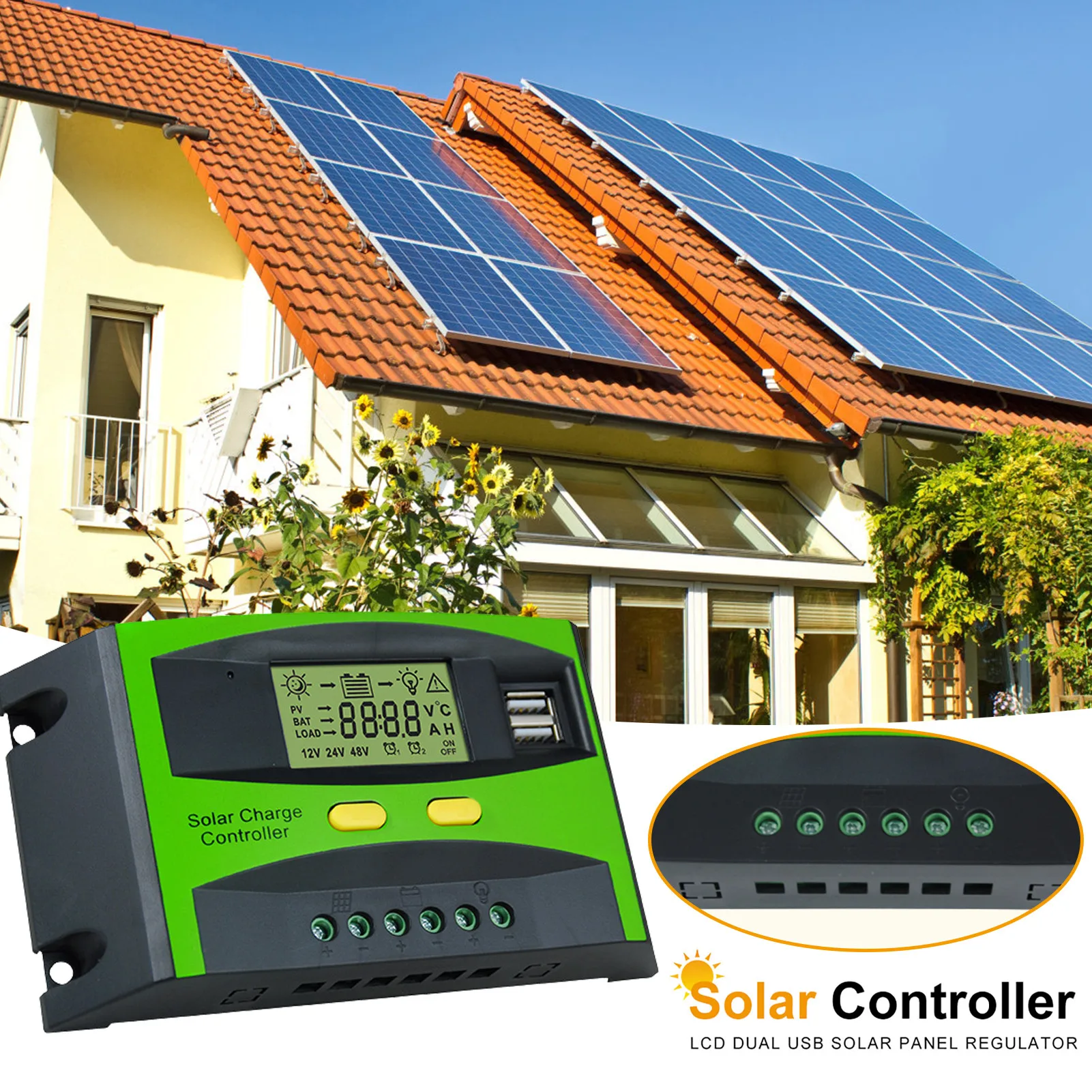 

Контроллер заряда солнечной батареи с двойным USB-портом и ЖК-дисплеем ШИМ, 20 А, 30 А, 12 В/24 В, интеллектуальный контроллер заряда солнечной пане...