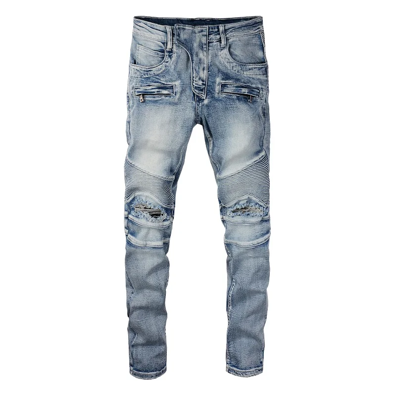

Men Biker Jeans Embroidery Trousers Hole Denim Pants #917