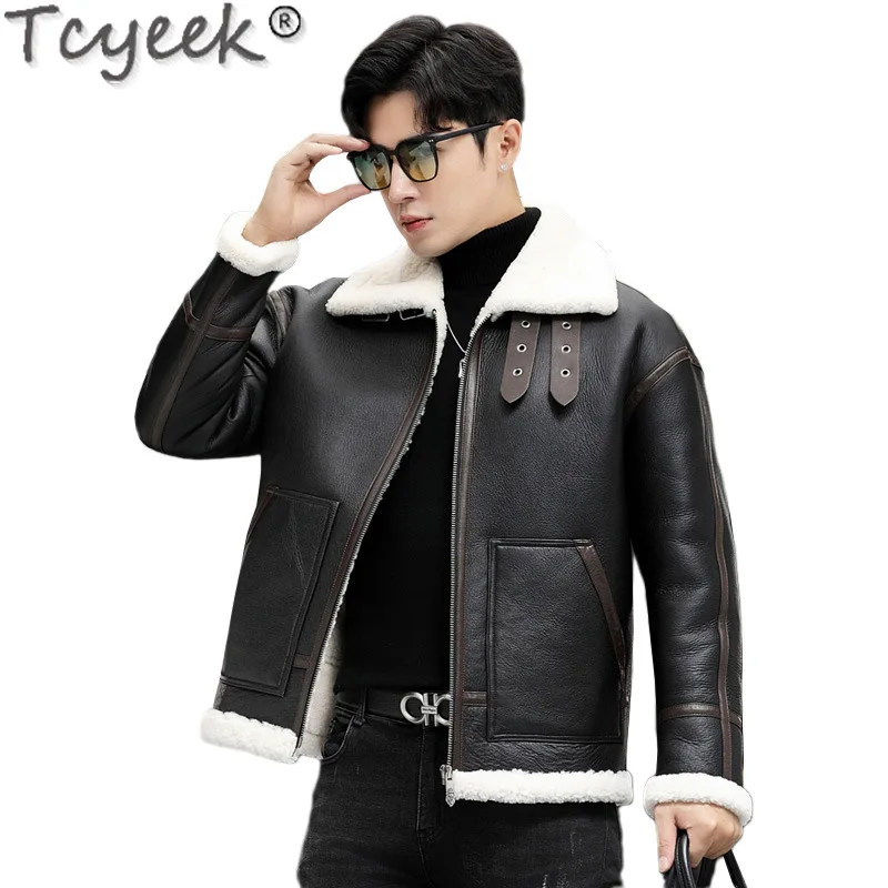 Мужская куртка из натуральной кожи Tcyeek теплая мотоциклетная шерсти зимняя
