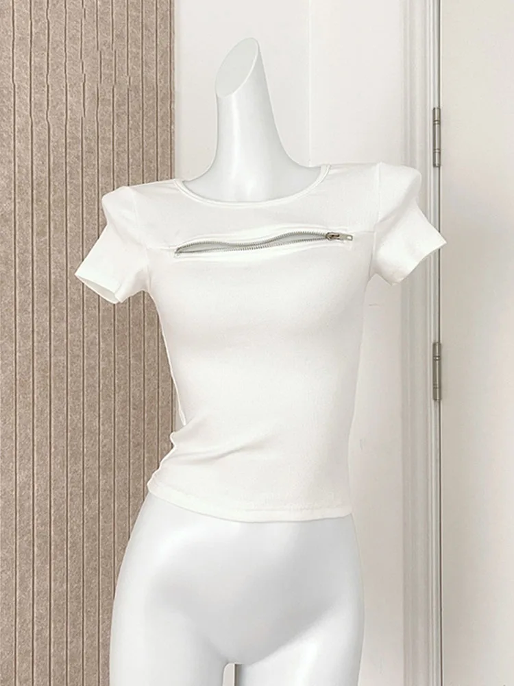Футболка женская облегающая с коротким рукавом на молнии белая