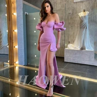 haowen simple purple mermaid prom dresses sweetheart pleat side split evening gowns puff sleeves ruched party dress