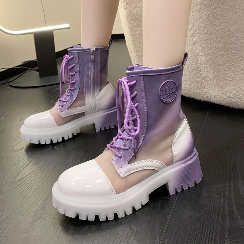 

Mesh Paneled Glossy Patent Leather Cross-Lacing Gradient Color-Blocking Ankle Boots Round Toe Mid-Heel Breathable Martin Boots