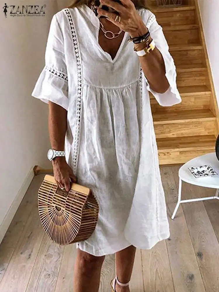 

Bohemian Lace Dress ZANZEA 2023 Women's Summer Sundress Flare Sleeve Tunic Vestidos Female V Neck Hollow Patchwork Robe Femme