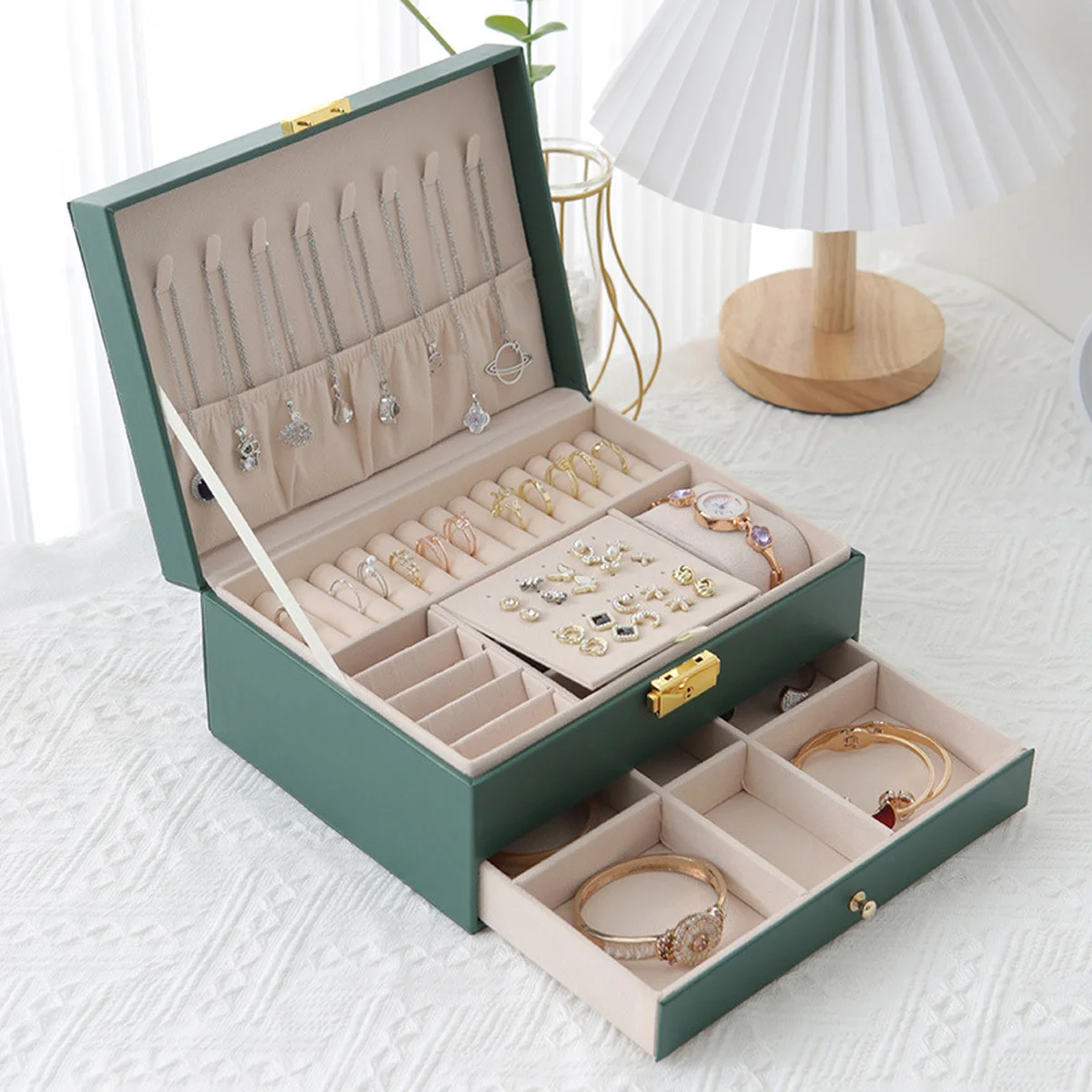 

Large Double Layer PU Leather Jewellery Boxes Waterproof Durable Portable Dustproof Drawer Cabinet Necklace Organizer