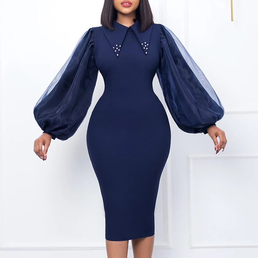 Long-sleeve oversized buttock buttock nail bead mesh stitching Tongle pencil skirt foreign trade dress