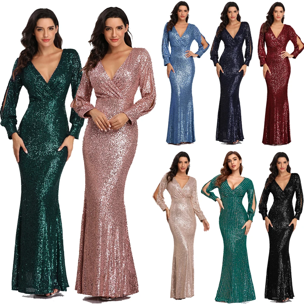  V-neck Mermaid Evening Dress Long Formal Prom Party Gown Full Sequins long Sleeve Galadress Vestidos Women Dresses 2021