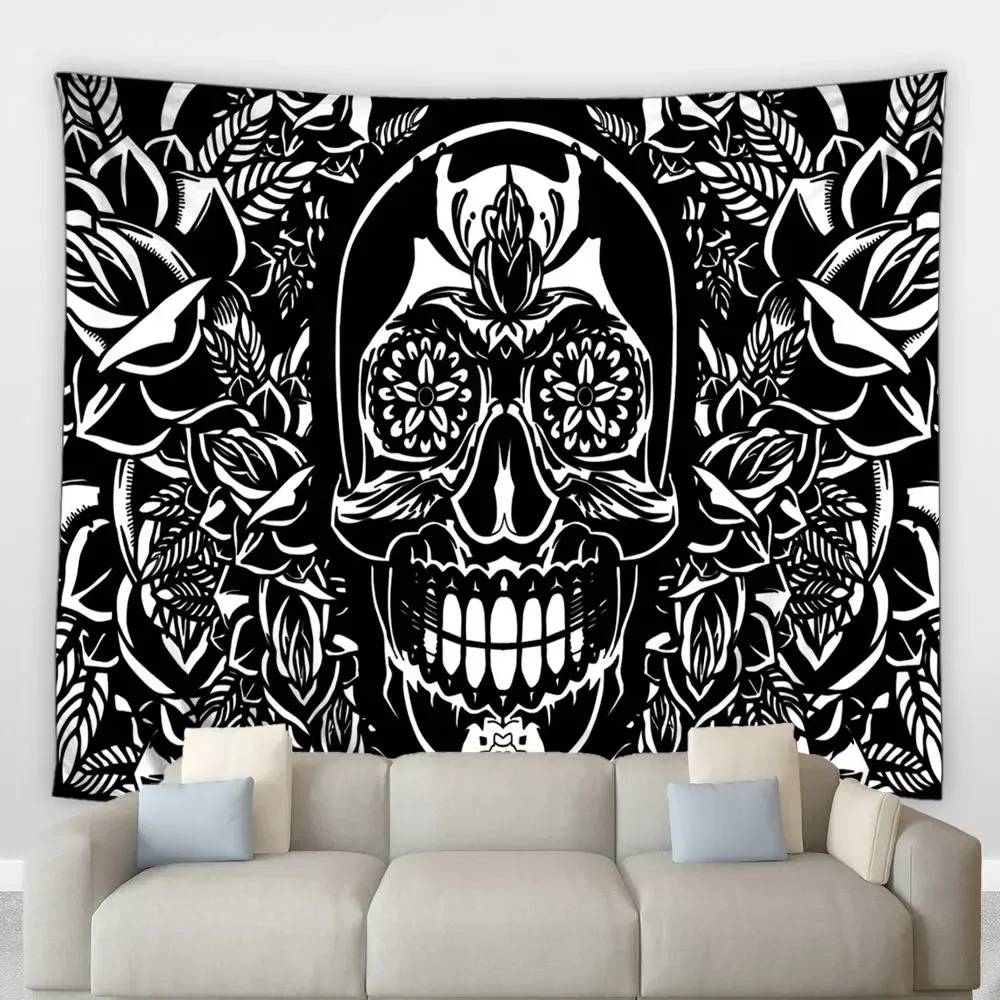 Сахарный Череп Хиппи Большой Гобелен Хэллоуин Мексиканский Скелет Растение