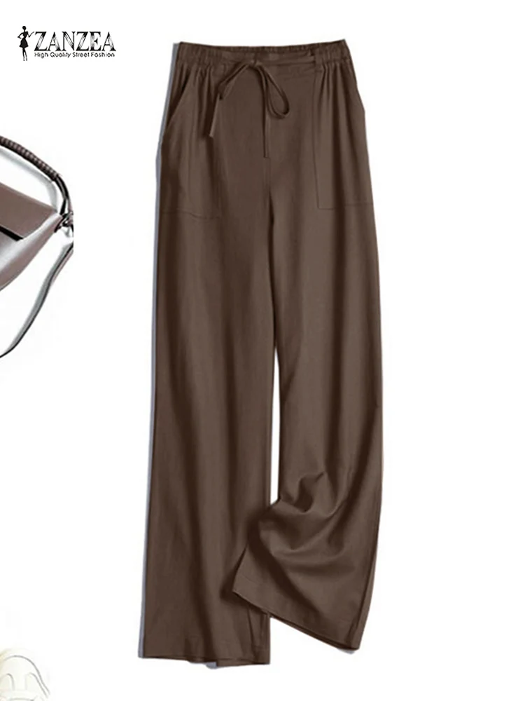 

ZANZEA Oversized Fashion Casual Elegant Work OL Pants Women Summer Solid Color Pant Elastic Lace-Up Pure Cotton Hose Trousers