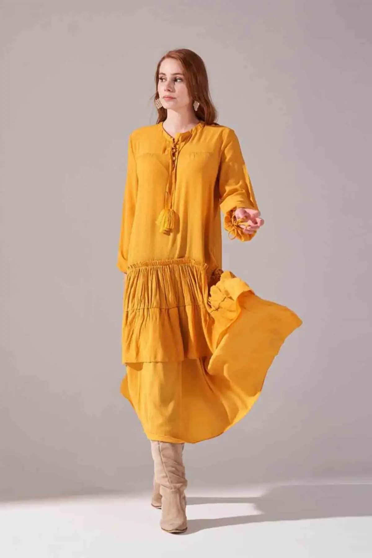 

Women's Dress Layered Detailed With Pleated Sleeves (Mustard) Summer Fashion Casual Short Sleeve Elegant Dress