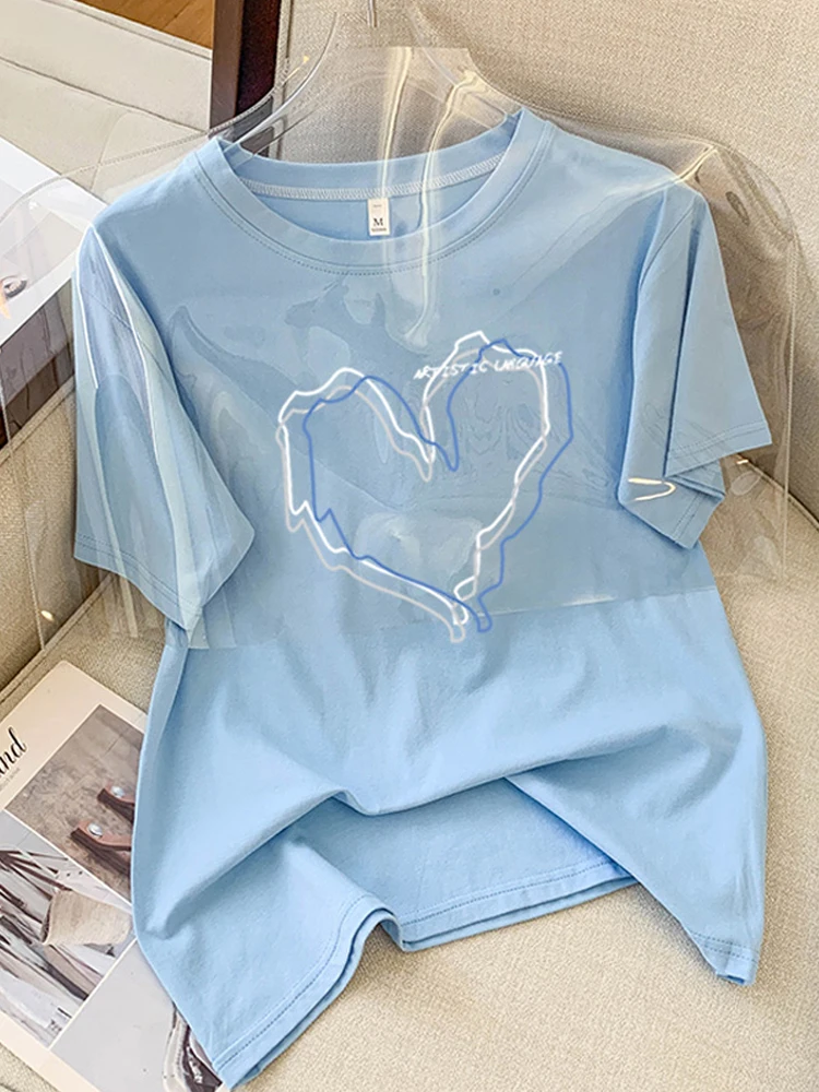 Женская Базовая рубашка с коротким рукавом, свободная простая футболка в Корейском стиле с принтом сердца, универсальный топ в стиле Харадзюку в стиле «бойфренд», на лето Женская Базовая рубашка с коротким рукавом, свободная простая футболка в Корейском стиле с принтом сердца, универсальный топ в стиле Харадзюку в стиле «бойфренд», на лето