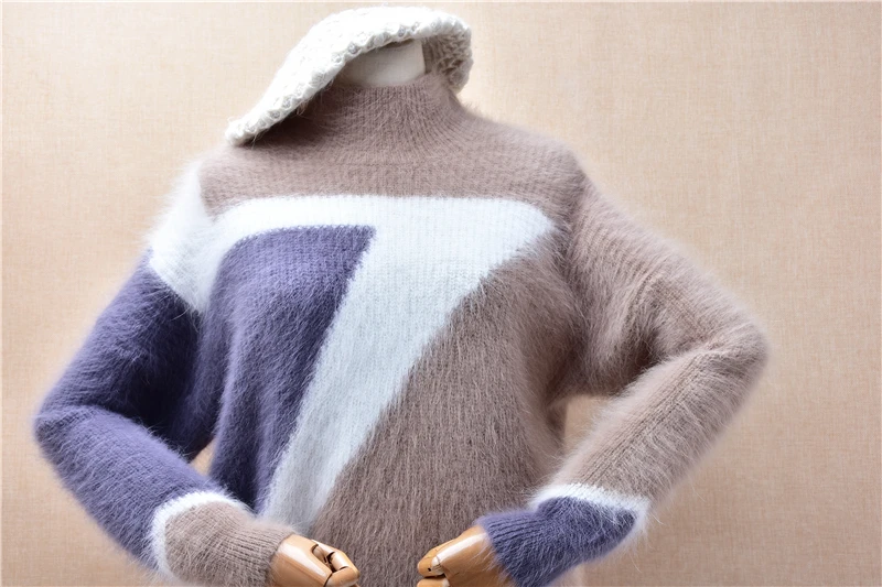 Женская осенне-зимняя модная вязаная водолазка из волосатого ангорского кролика