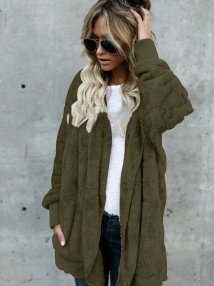 

Women 2023 Autumn Winter Warm Soft Long Fur Jacket Outwear Plush Overcoat Pocket Buttonless Cardigan With Hood Feather Coats