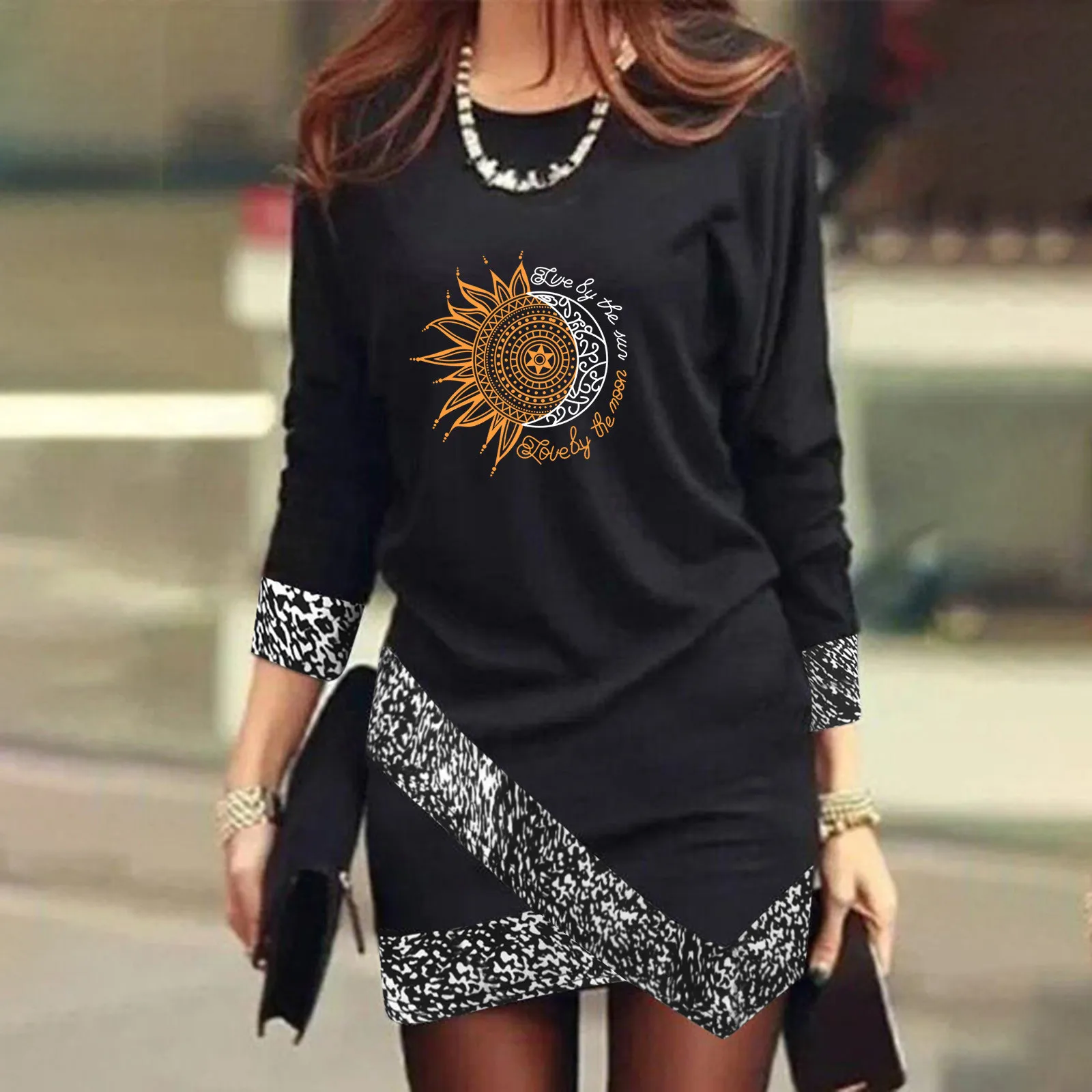 

Elegant Long-Sleeves Round-Neck Patchwork Printed Casual Vestidos Spring Autumn Short Shift Asymmetric Irregular Party Dress