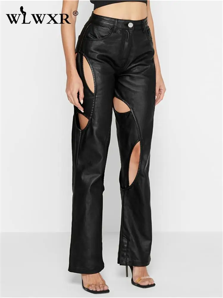 

WLWXR Fall Streetwear Baggy Pockets Pants Women 2022 High Waist Spraight Pants Female Fashion Black Hollow Out Trousers Female