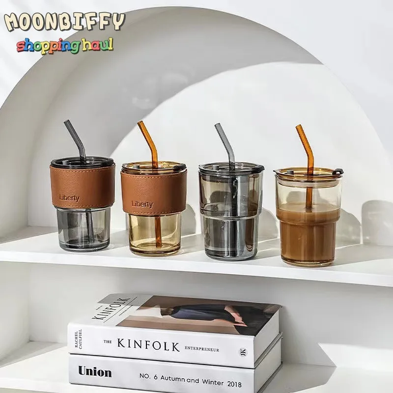 

Новинка, креативное Янтарное стекло из соломы объемом 400 мл, кофейная чашка большой емкости, Герметичная Бутылка, Бамбуковая банка, стеклянная посуда для напитков