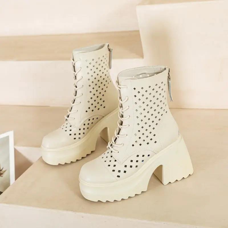 2023 New Fashion 10cm Genuine Leather Thick Heels Booties Summer Hollow Females Sandal Boots Women Mid Calf Boots Platform Shoes