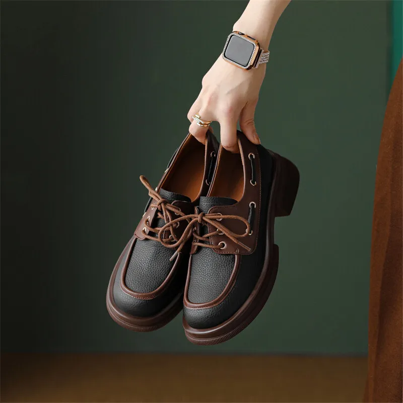 

New Spring/Autumn Round Toe Women Pumps Comfortable Chunky Heels Shoes for Women Lace Up Loafers Mixed Color Deep Mouth Shoes