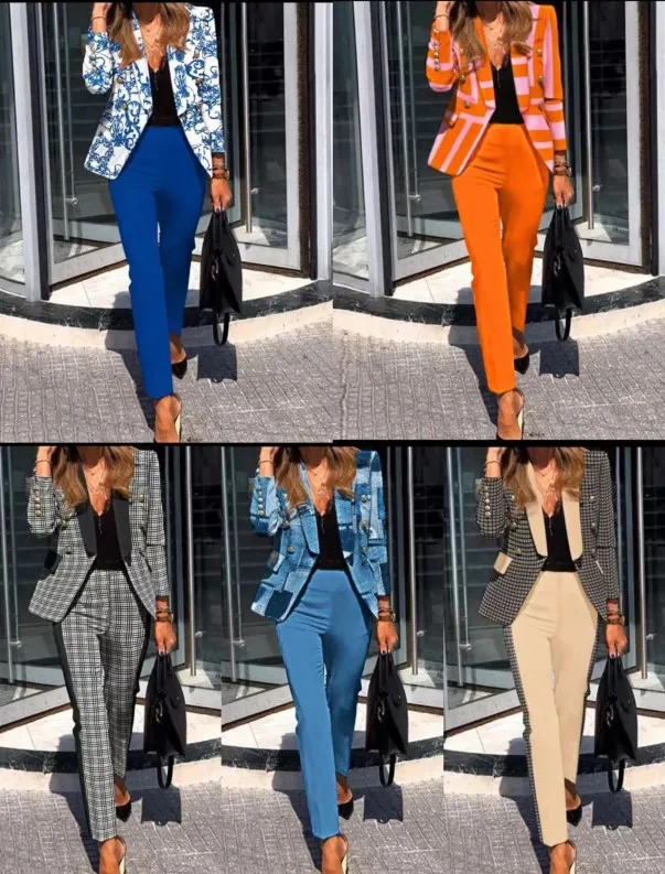 

Женский деловой пиджак и брюки, офисный комплект из двух предметов, блейзер с принтом цепей и брюки, осень 2022