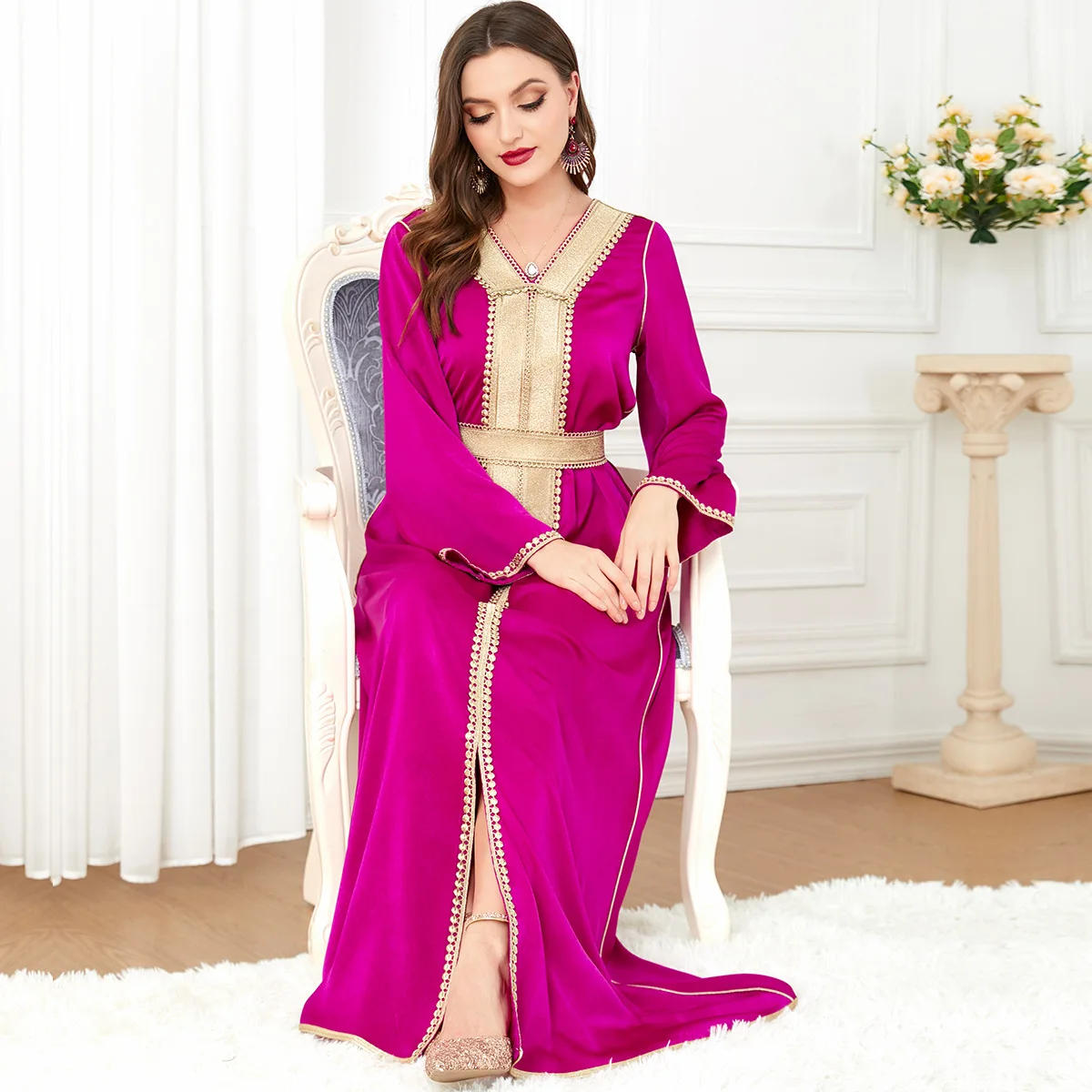 Ramadan Abaya Arabic Long Dress for Women Lace Trim Belted Gulf Jalabiya Evening Gowns Muslim Eid Moroccan Kaftan Islam Clothing
