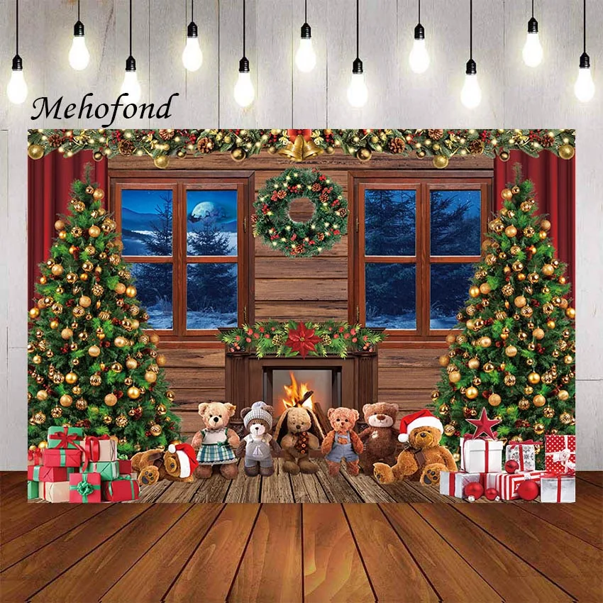 

Mehofond Photography Background Christmas Wooden Wall Window Fireplace Xmas Trees Toys Kids Portrait Decor Backdrop Photo Studio