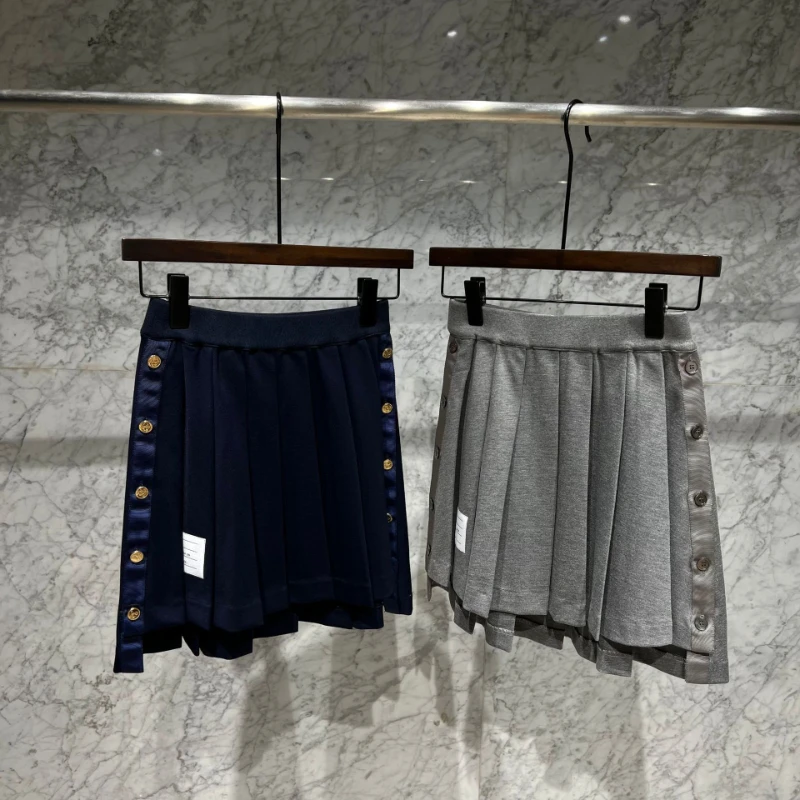 2022 New Classic Tb Women Skirt Vintage Side Webbing Buttons Faldas Female Irregular High Waist Grey Navy Blue Jupe Short Mujer