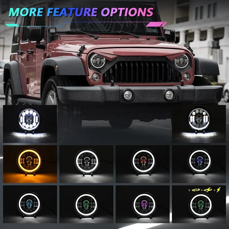 Круглая светодиодная фара с черепом 7-дюймовая для бездорожья угловые глаза Jeep