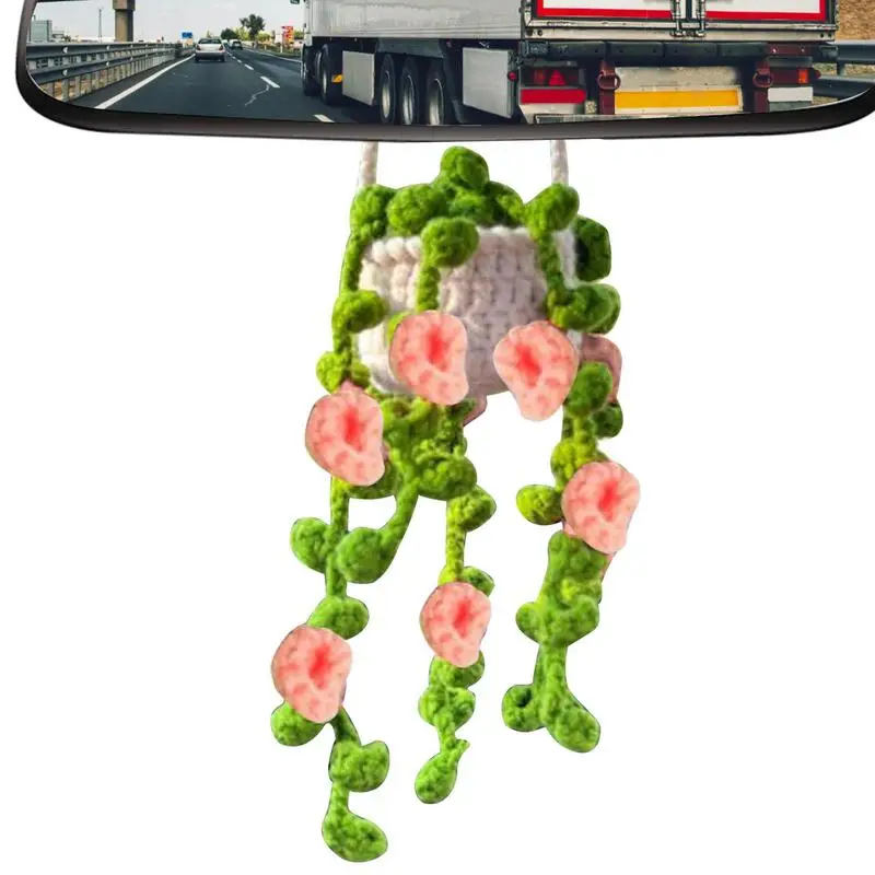 

Crochet Car Accessories Hand-Woven Crochet Flower Basket Aesthetic Car Charm Decorations Handmade Rear View Mirror Pendant
