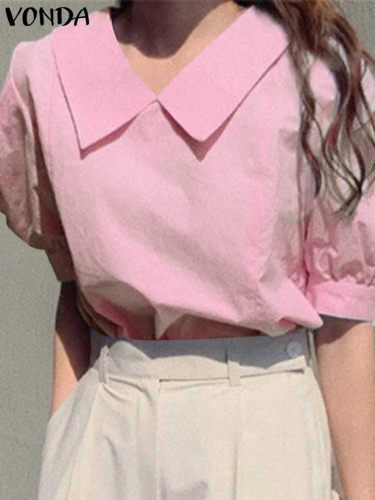 

Летняя Блузка VONDA, женские топы-туника 2022, плиссированные рубашки с отложным воротником, повседневные однотонные элегантные праздвечерние ...