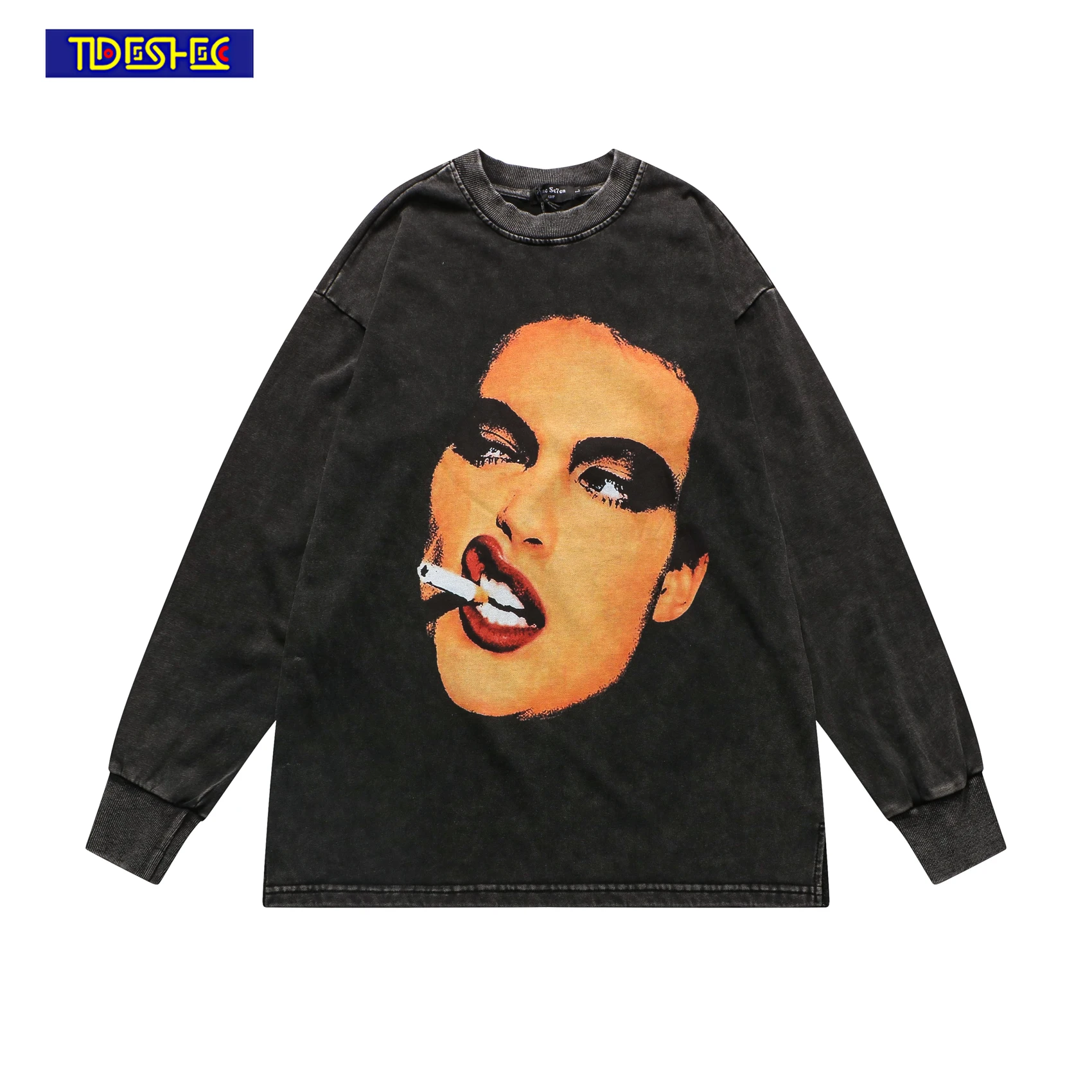 

Hip Hop 2022 Men Funny Portrait Smoking Graphics Printed Pullover Streetwear Oversize Washed Sweatshirt Mens Harajuku SweatShirt